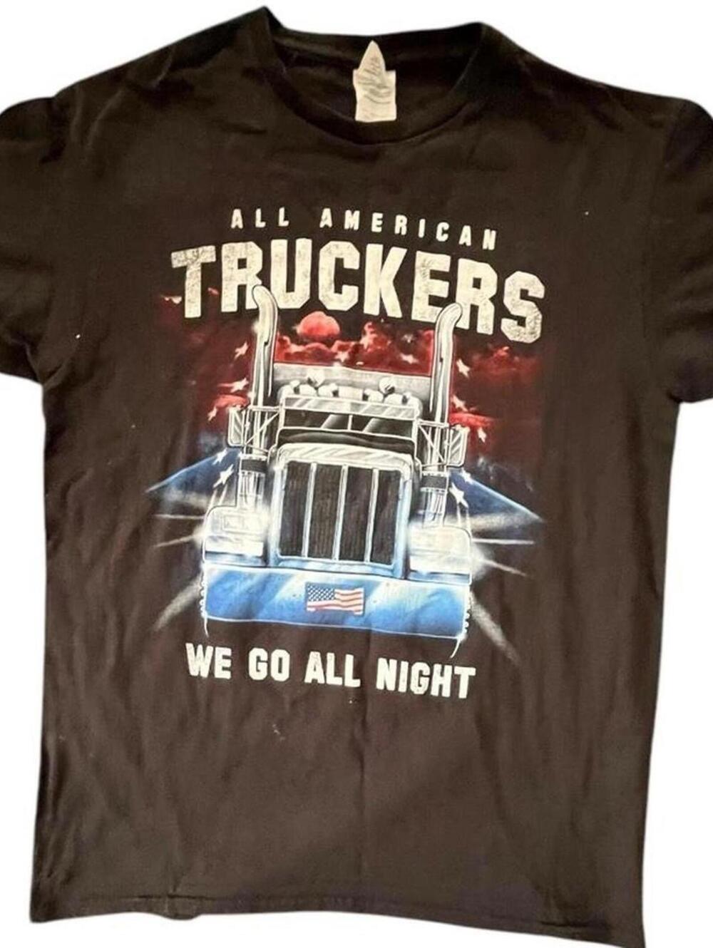 Black graphic trucker tee with "We Go All Night" design -853